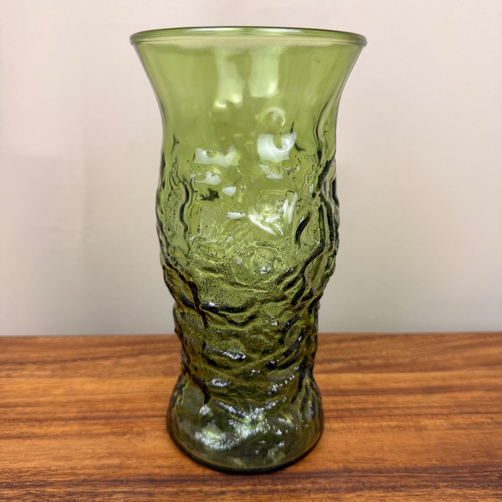 Vintage EO Brody Olive Green Crinkled Glass Vase Mid Century Modern Avocado 9in